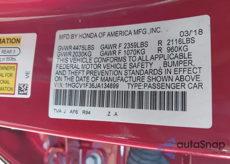 2018 Honda Accord Sport from USA, damaged, VIN 1HGCV1F36JA134899